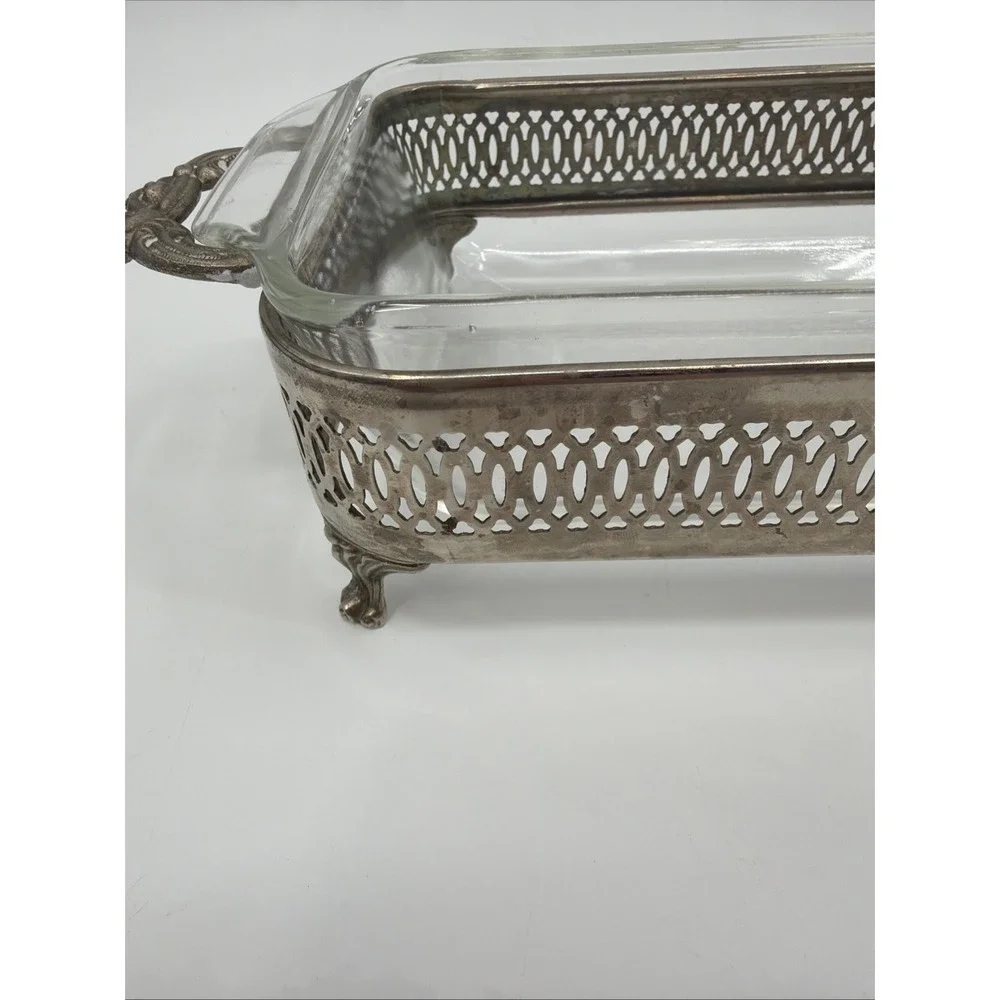 PYREX PLATE W SILVER HOLDER BREAD OR MEAT LOAF GLASS DISH - 10 Qt Dish